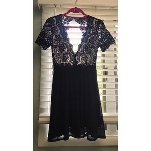 Lace Deep V Skirt Evening Cocktail Club Wedding Dress Navy Sexy Plunge